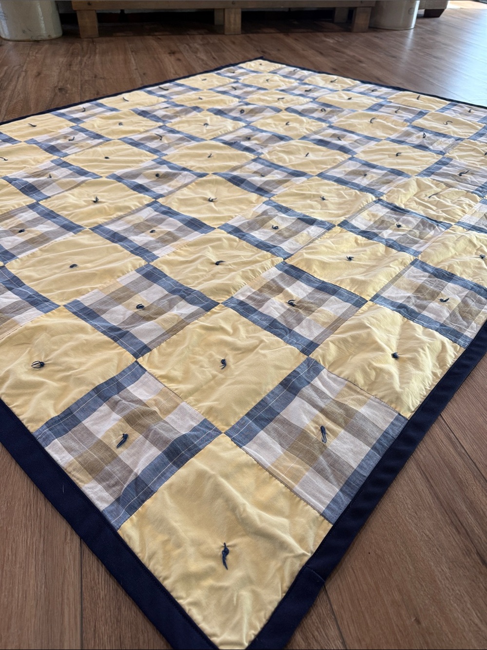 Yellow and Blue Plaid Patchwork Quilt. Great shape. 56x72. Cottagecore. Vintage
